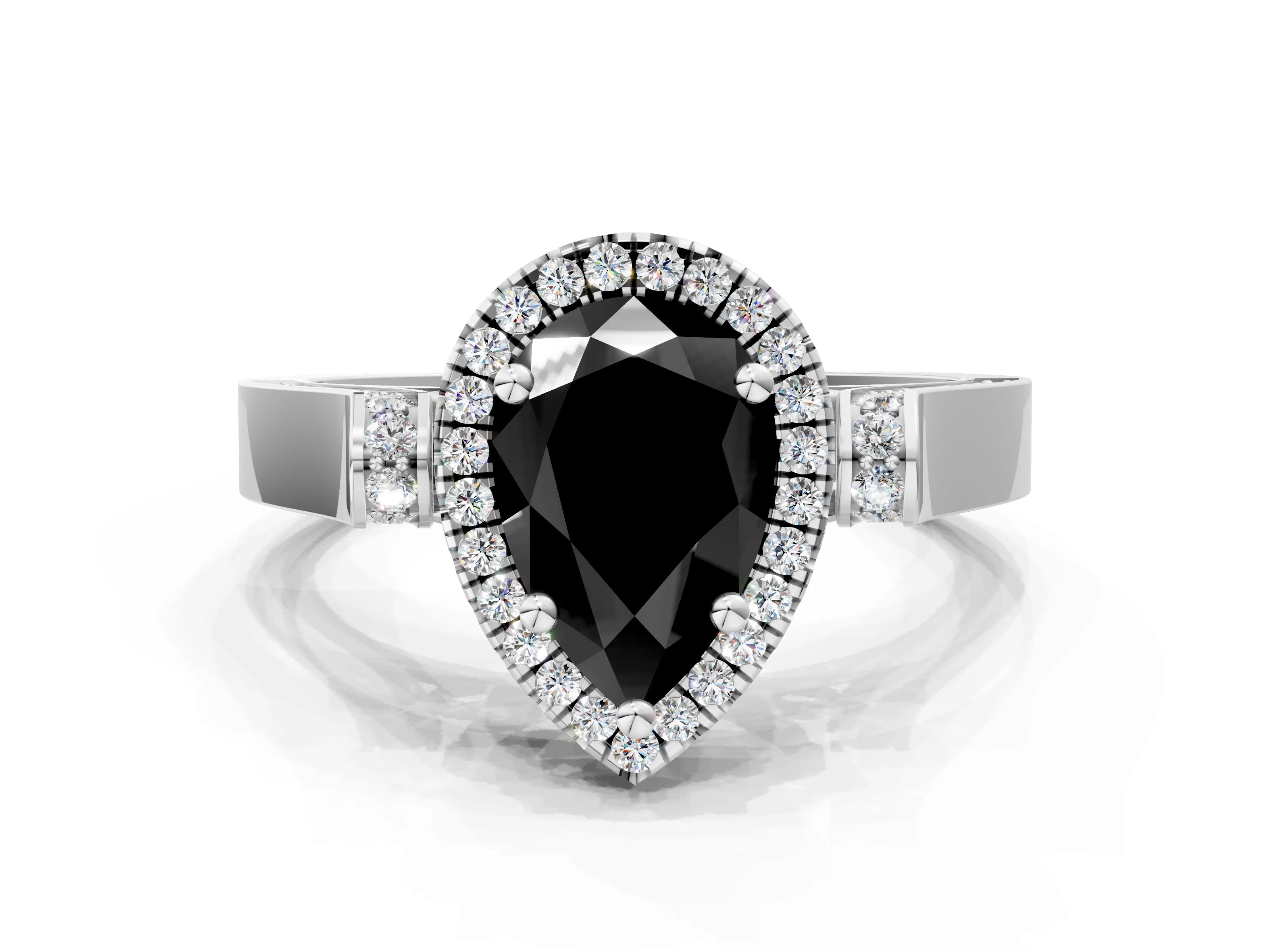 White gold Fancy Black Pear Cut Halo Round Diamond Twist Band with Four-Prong Setting