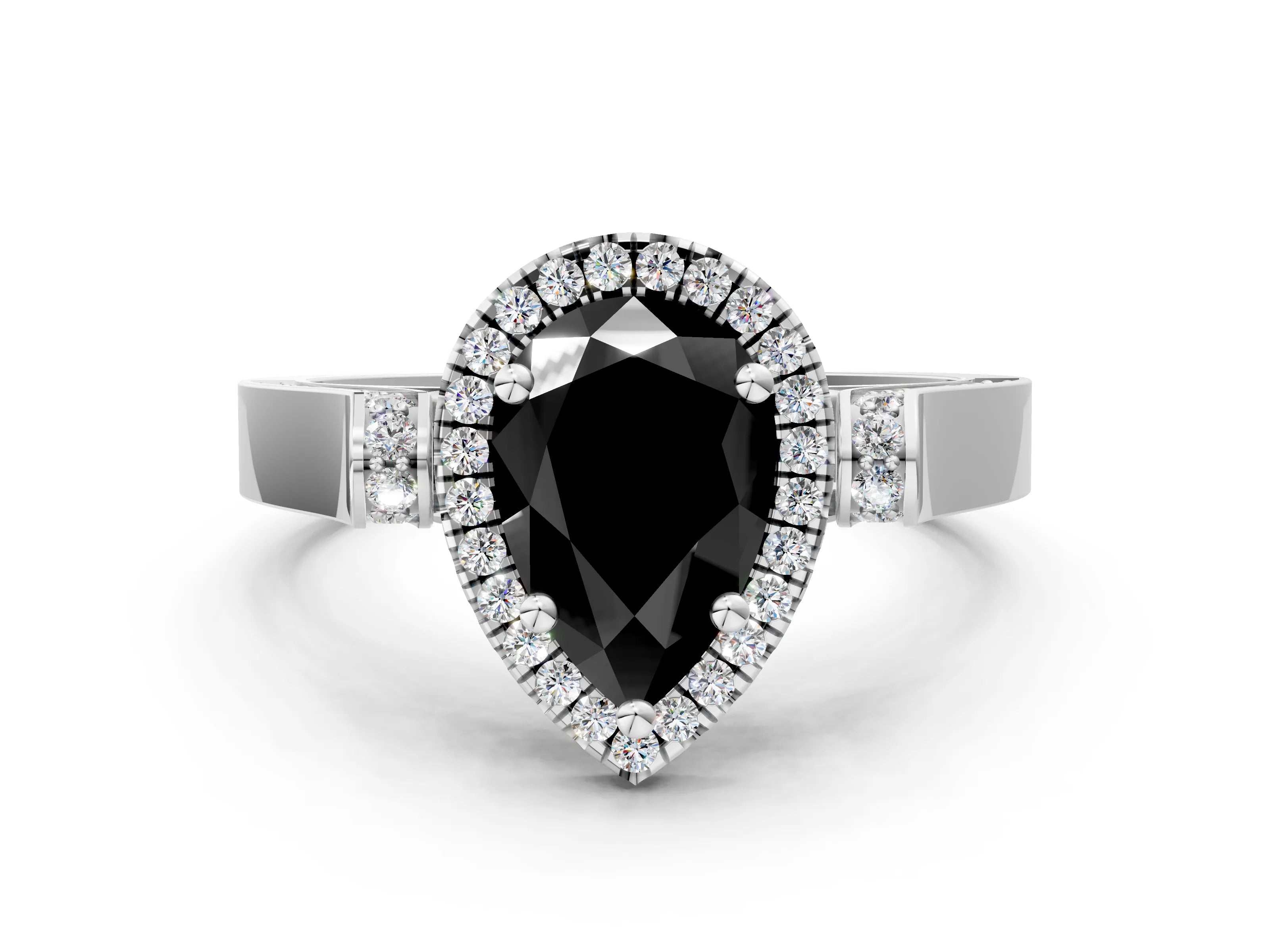 White gold Fancy Black Pear Cut Halo Round Diamond Twist Band with Four-Prong Setting_12