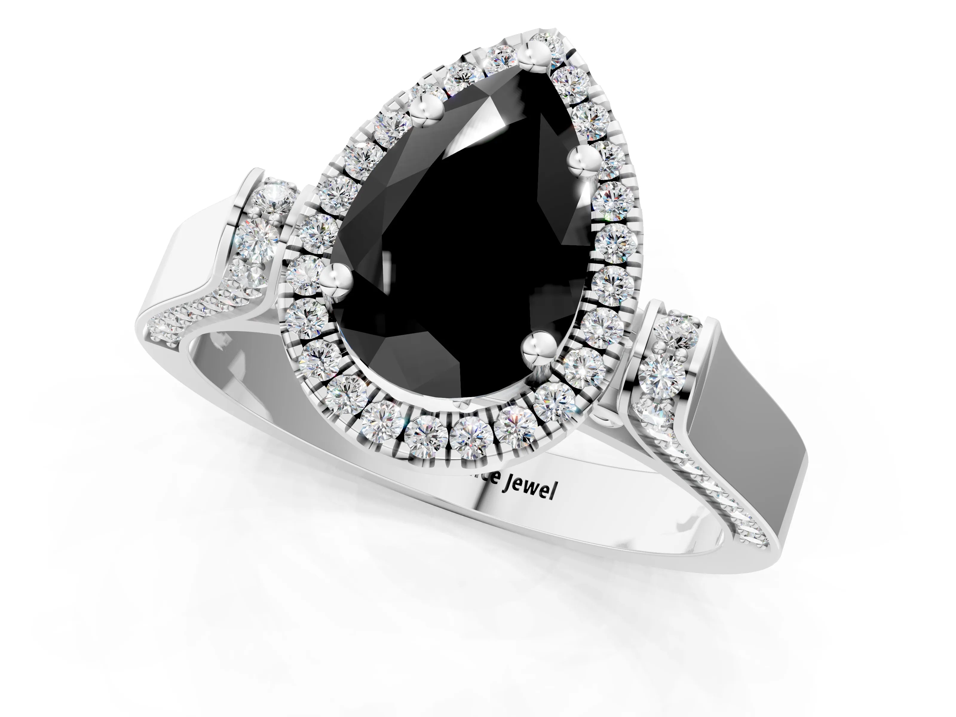 White gold Fancy Black Pear Cut Halo Round Diamond Twist Band with Four-Prong Setting_13