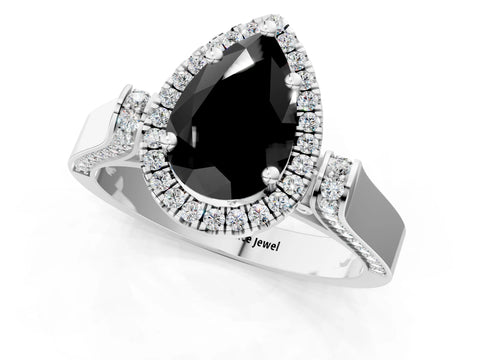 White gold Fancy Black Pear Cut Halo Round Diamond Twist Band with Four-Prong Setting_13