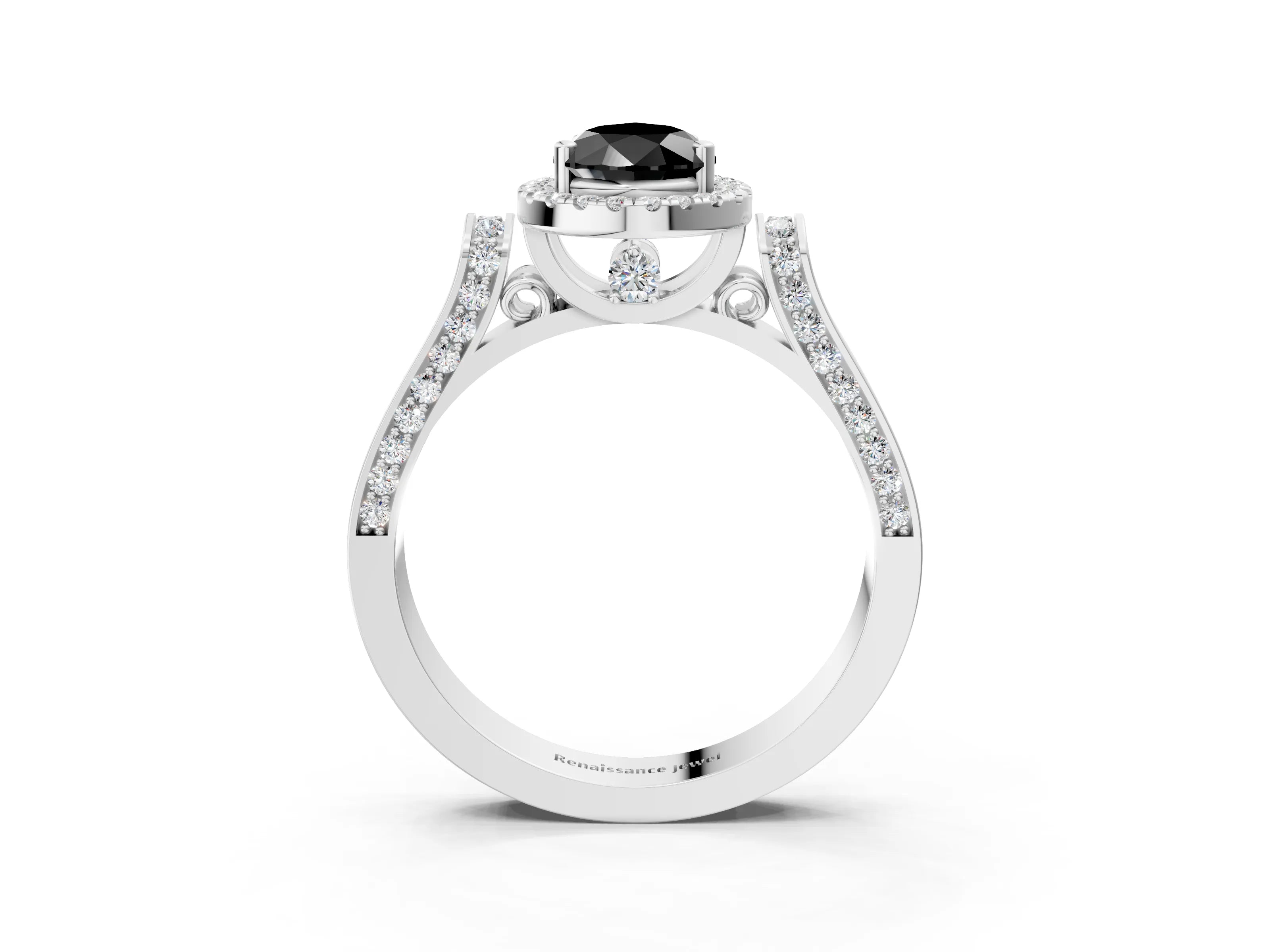 White gold Fancy Black Pear Cut Halo Round Diamond Twist Band with Four-Prong Setting_15