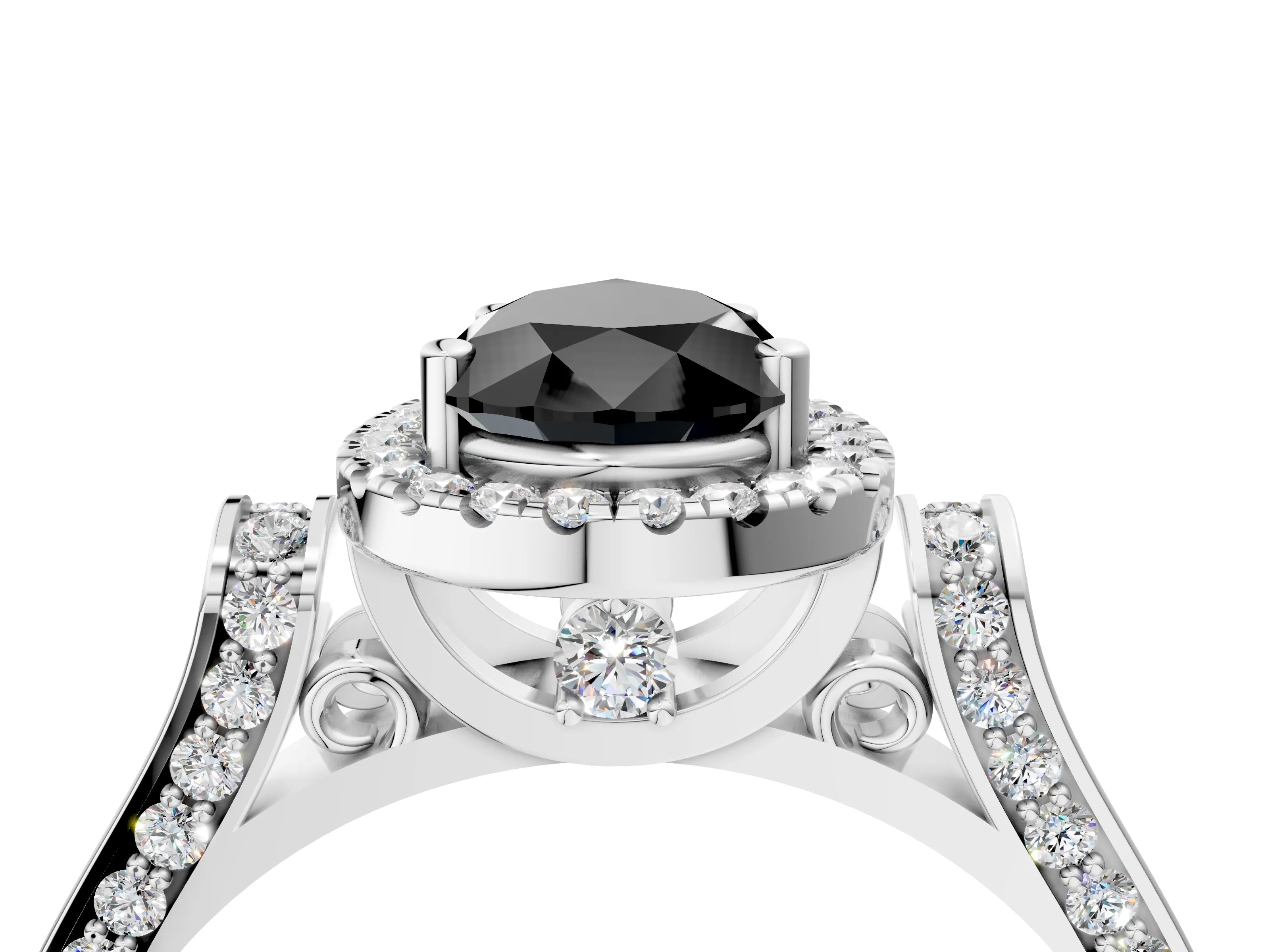 White gold Fancy Black Pear Cut Halo Round Diamond Twist Band with Four-Prong Setting_16