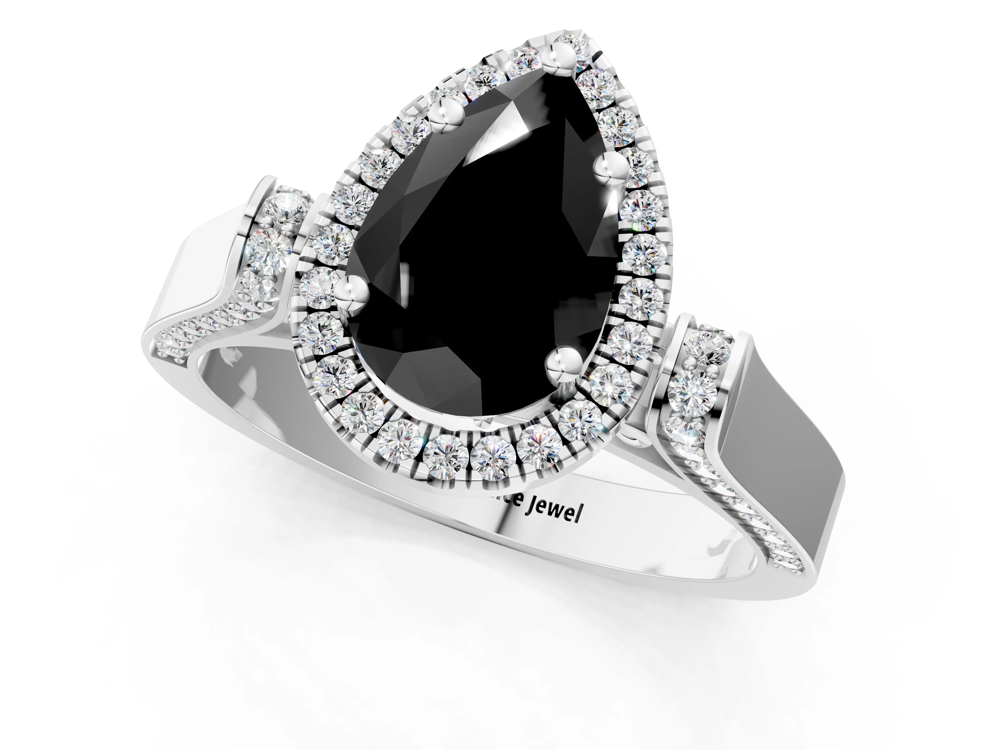 White gold Fancy Black Pear Cut Halo Round Diamond Twist Band with Four-Prong Setting_1