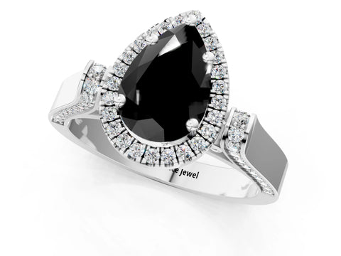 White gold Fancy Black Pear Cut Halo Round Diamond Twist Band with Four-Prong Setting_1