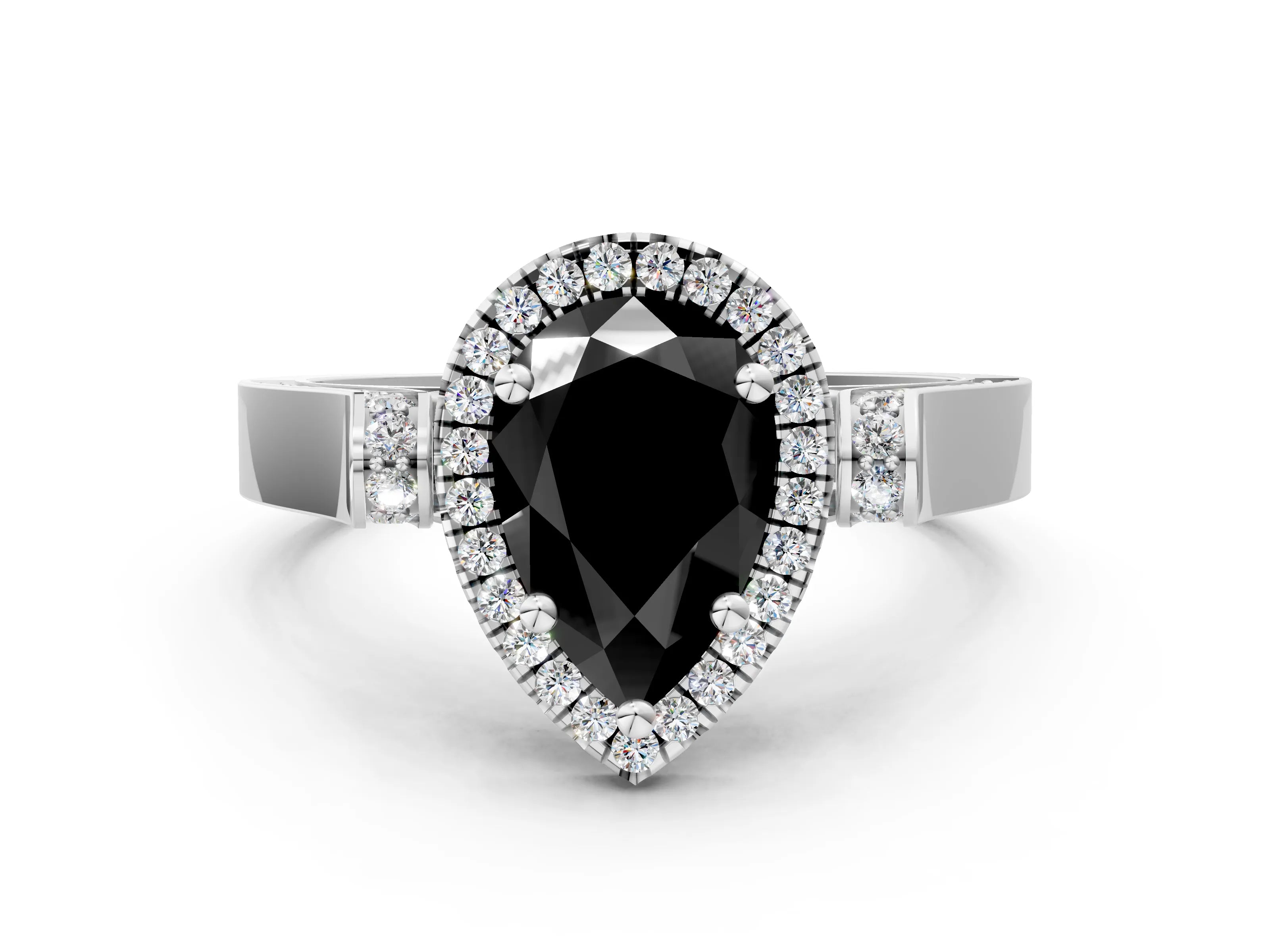 White gold Fancy Black Pear Cut Halo Round Diamond Twist Band with Four-Prong Setting_24