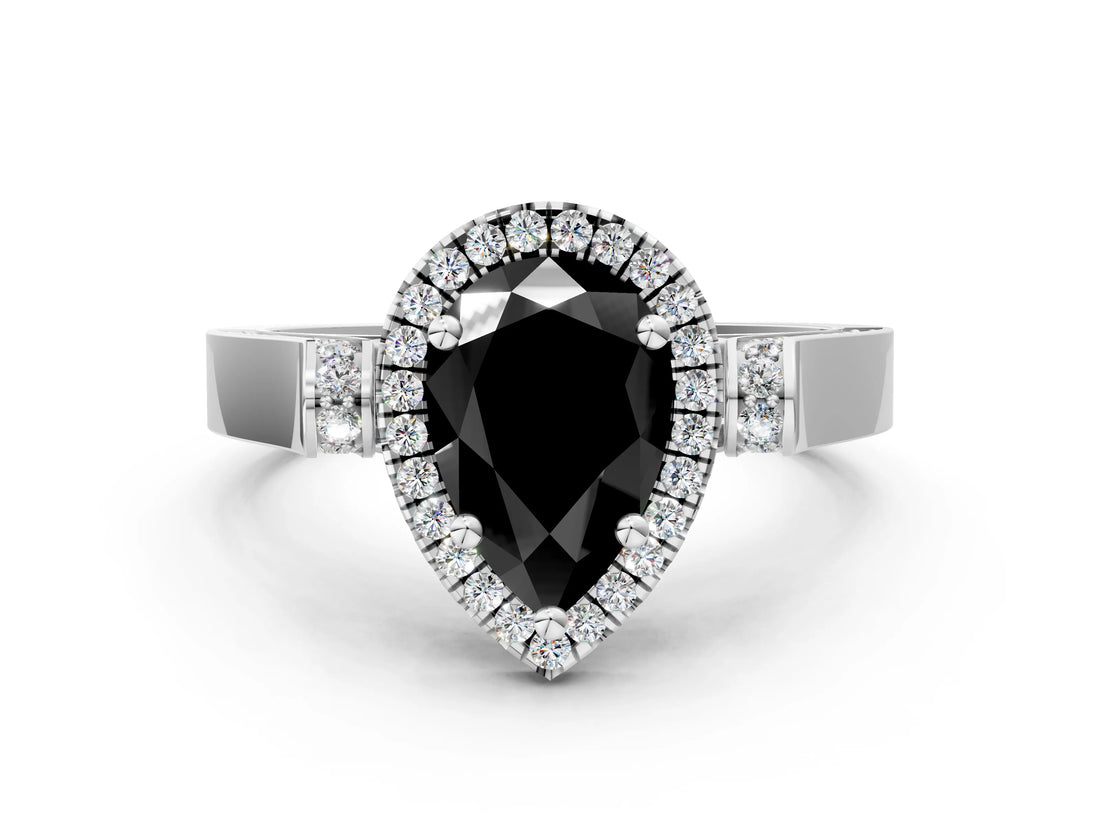 White gold Fancy Black Pear Cut Halo Round Diamond Twist Band with Four-Prong Setting_24