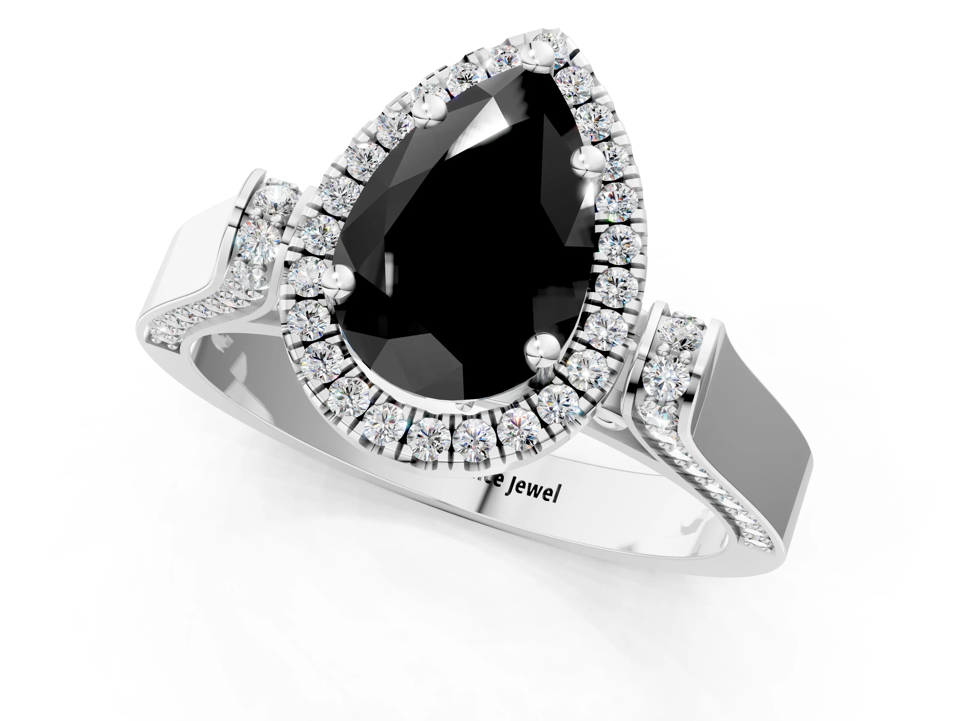 White gold Fancy Black Pear Cut Halo Round Diamond Twist Band with Four-Prong Setting_25