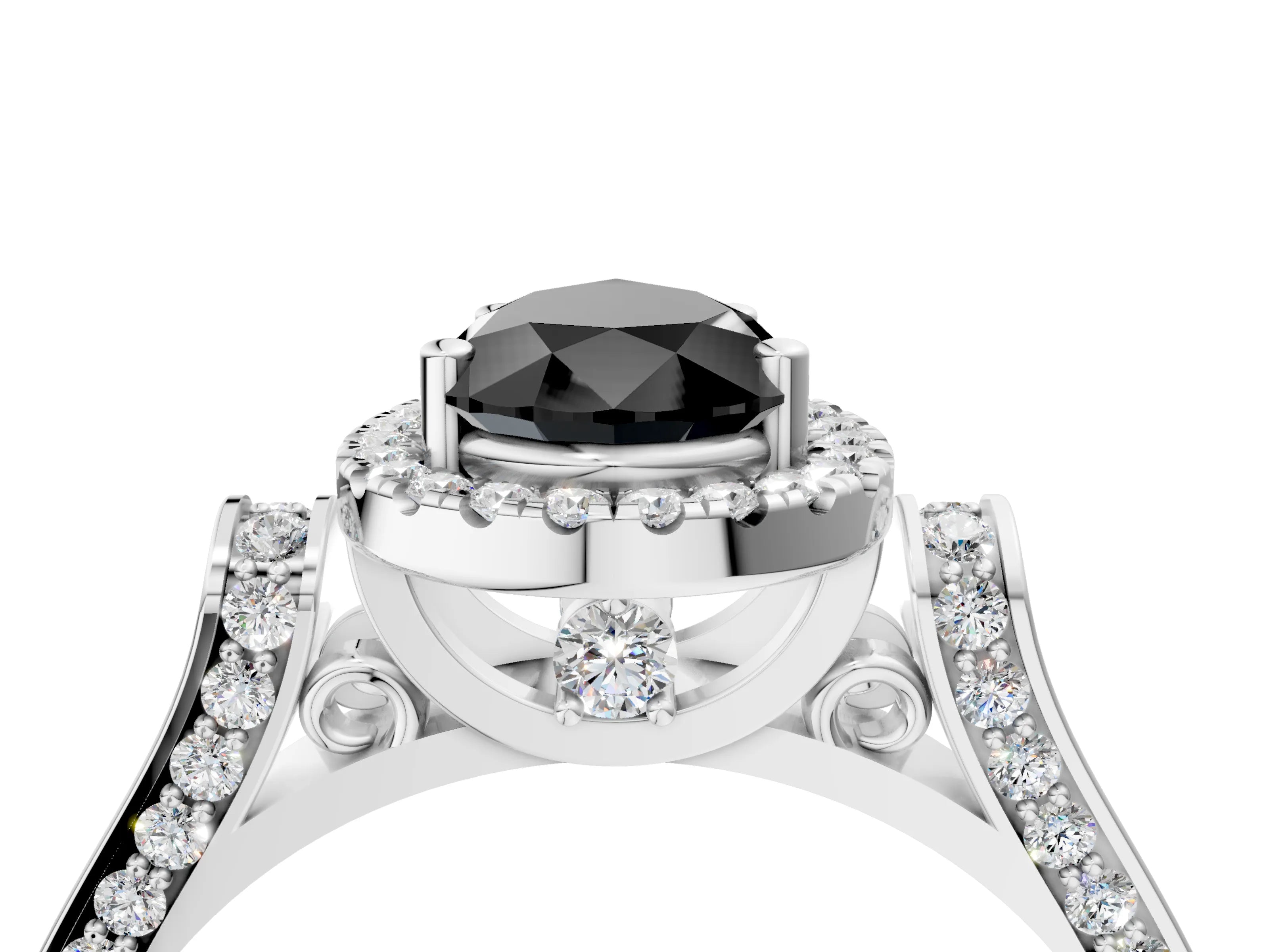 White gold Fancy Black Pear Cut Halo Round Diamond Twist Band with Four-Prong Setting_28