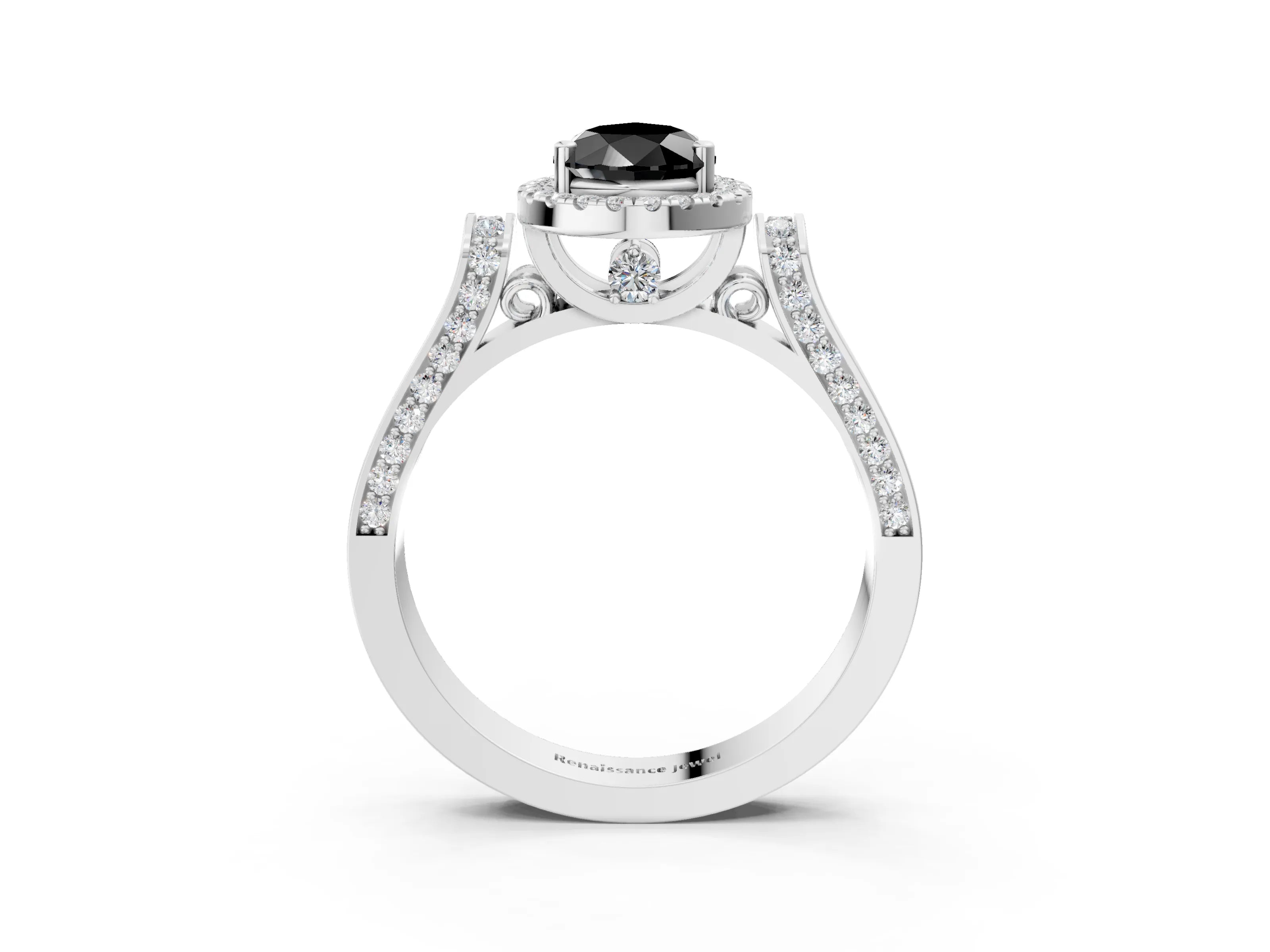 White gold Fancy Black Pear Cut Halo Round Diamond Twist Band with Four-Prong Setting_3