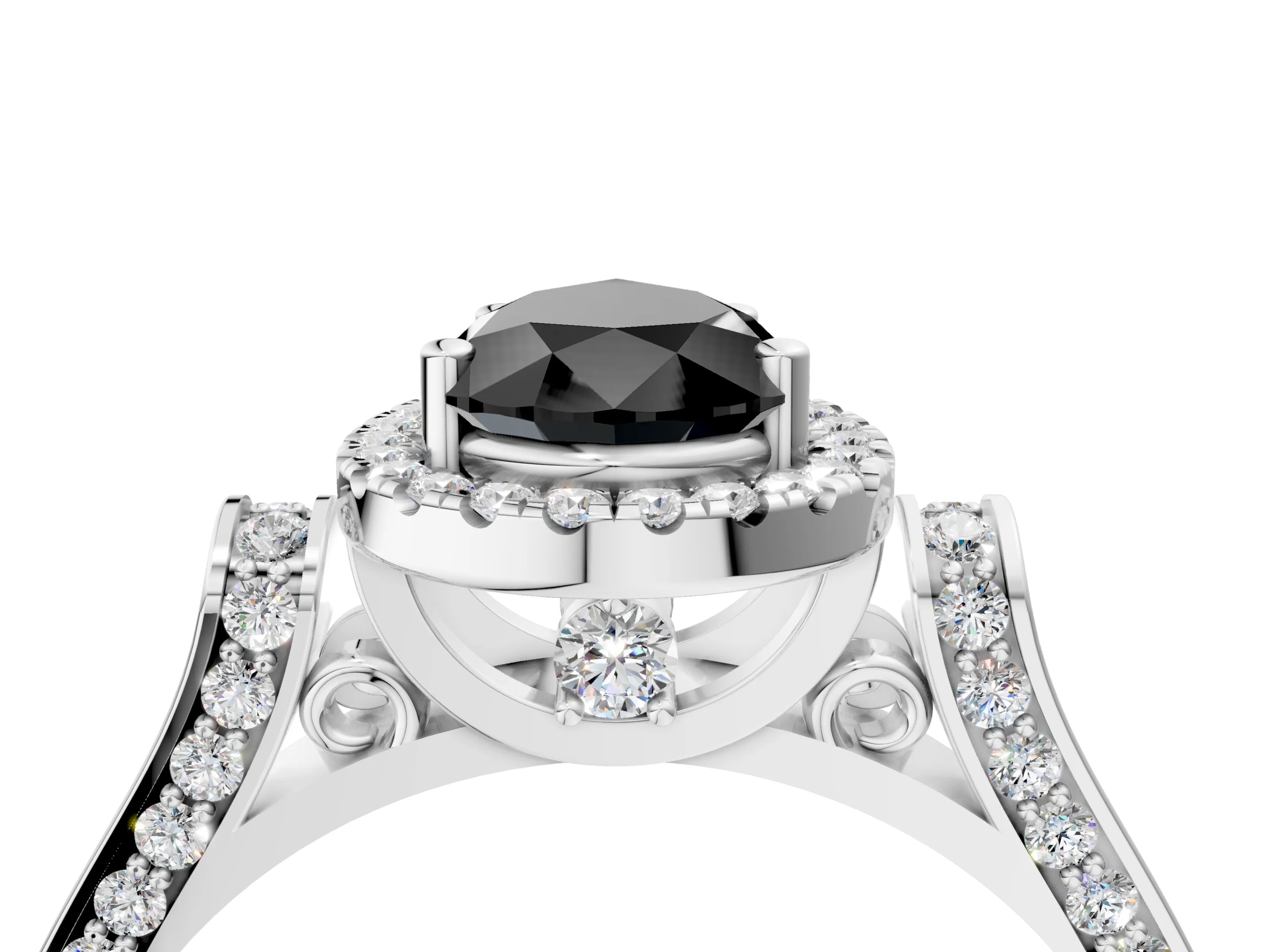 White gold Fancy Black Pear Cut Halo Round Diamond Twist Band with Four-Prong Setting_4