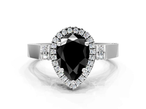 White gold Fancy Black Pear Cut Halo Round Diamond Twist Band with Four-Prong Setting
