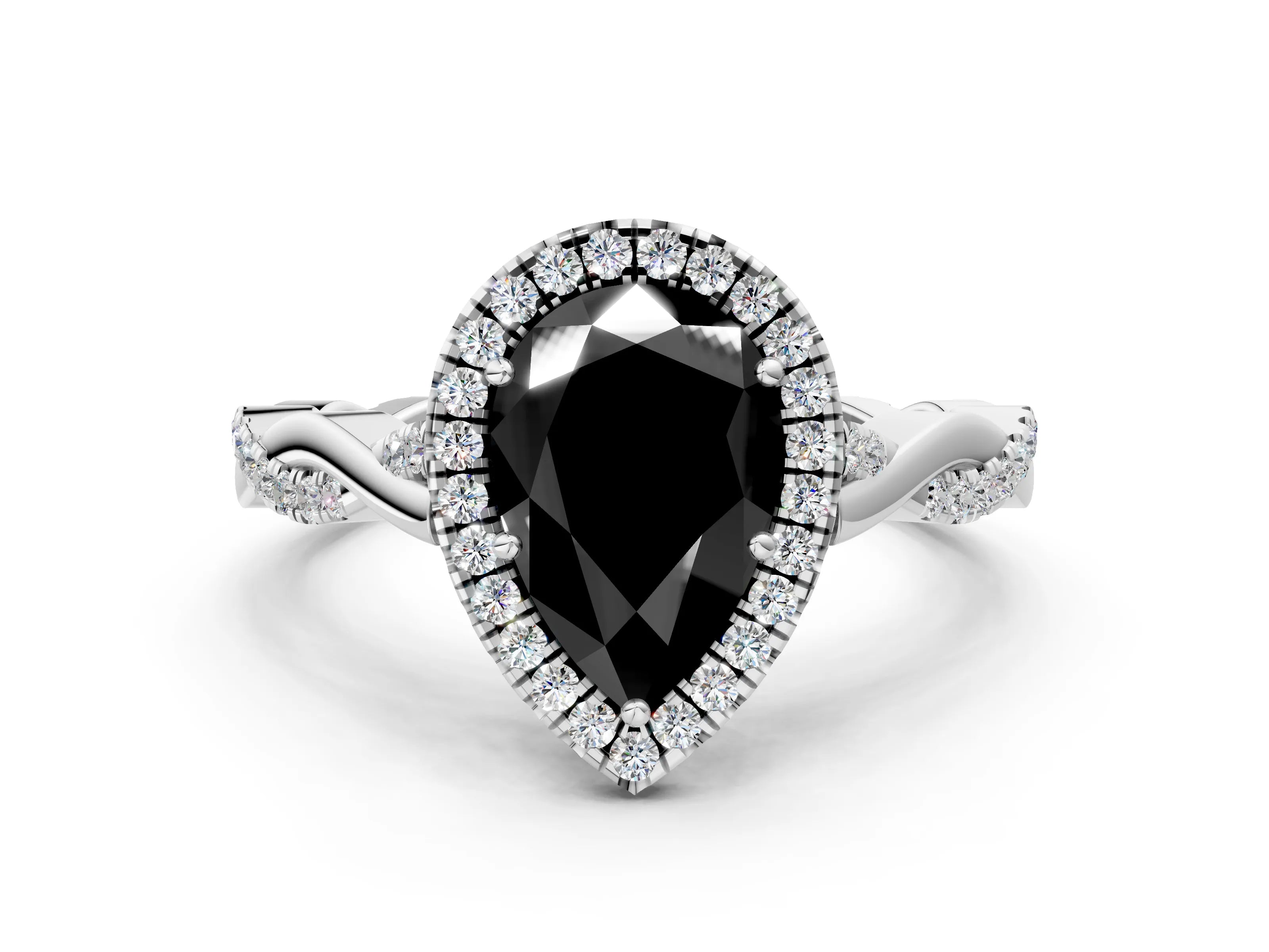 White gold Fancy Black Pear Cut Halo Twist Band with Four-Prong Setting
