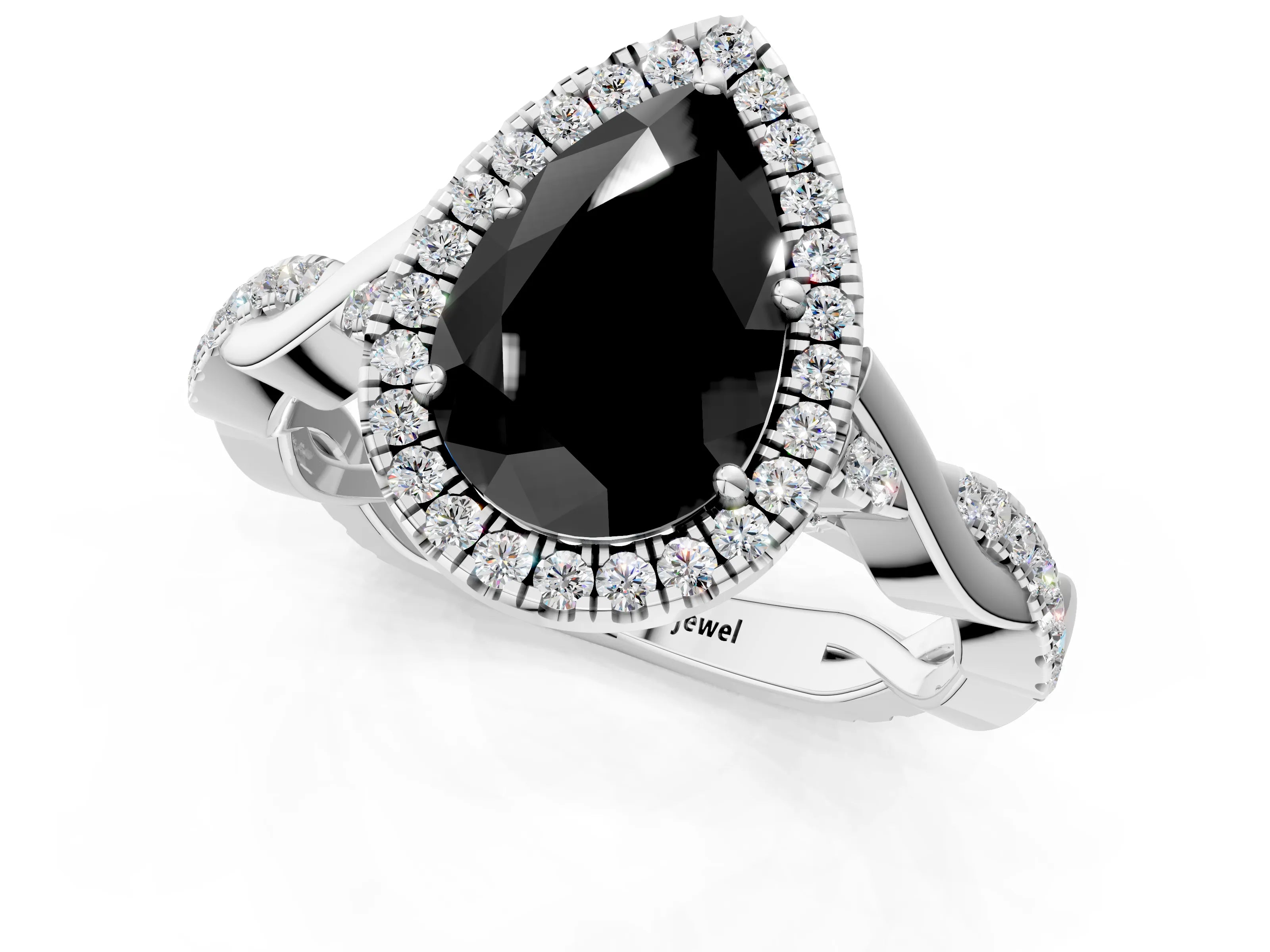 White gold Fancy Black Pear Cut Halo Twist Band with Four-Prong Setting_1