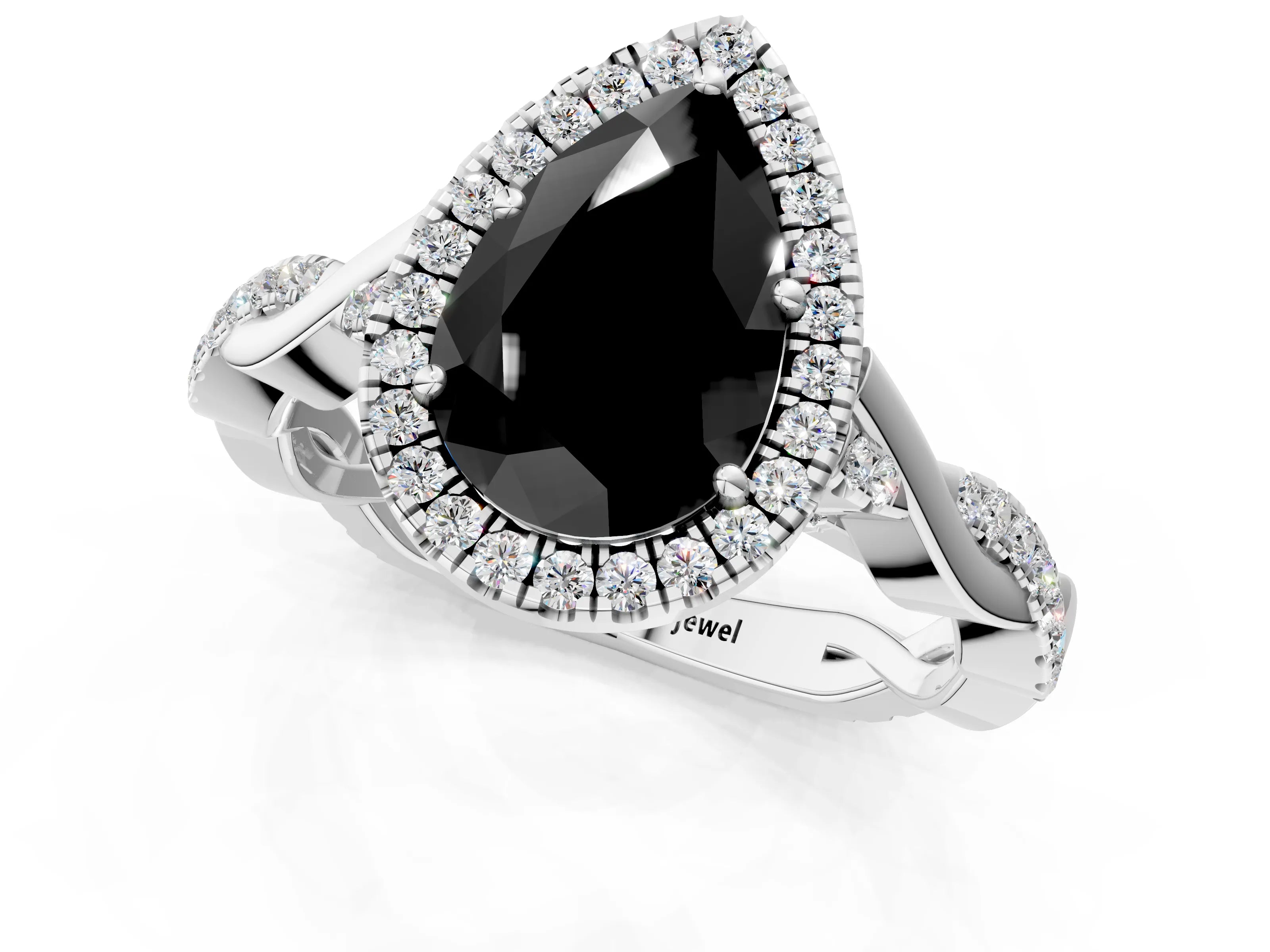 White gold Fancy Black Pear Cut Halo Twist Band with Four-Prong Setting_25