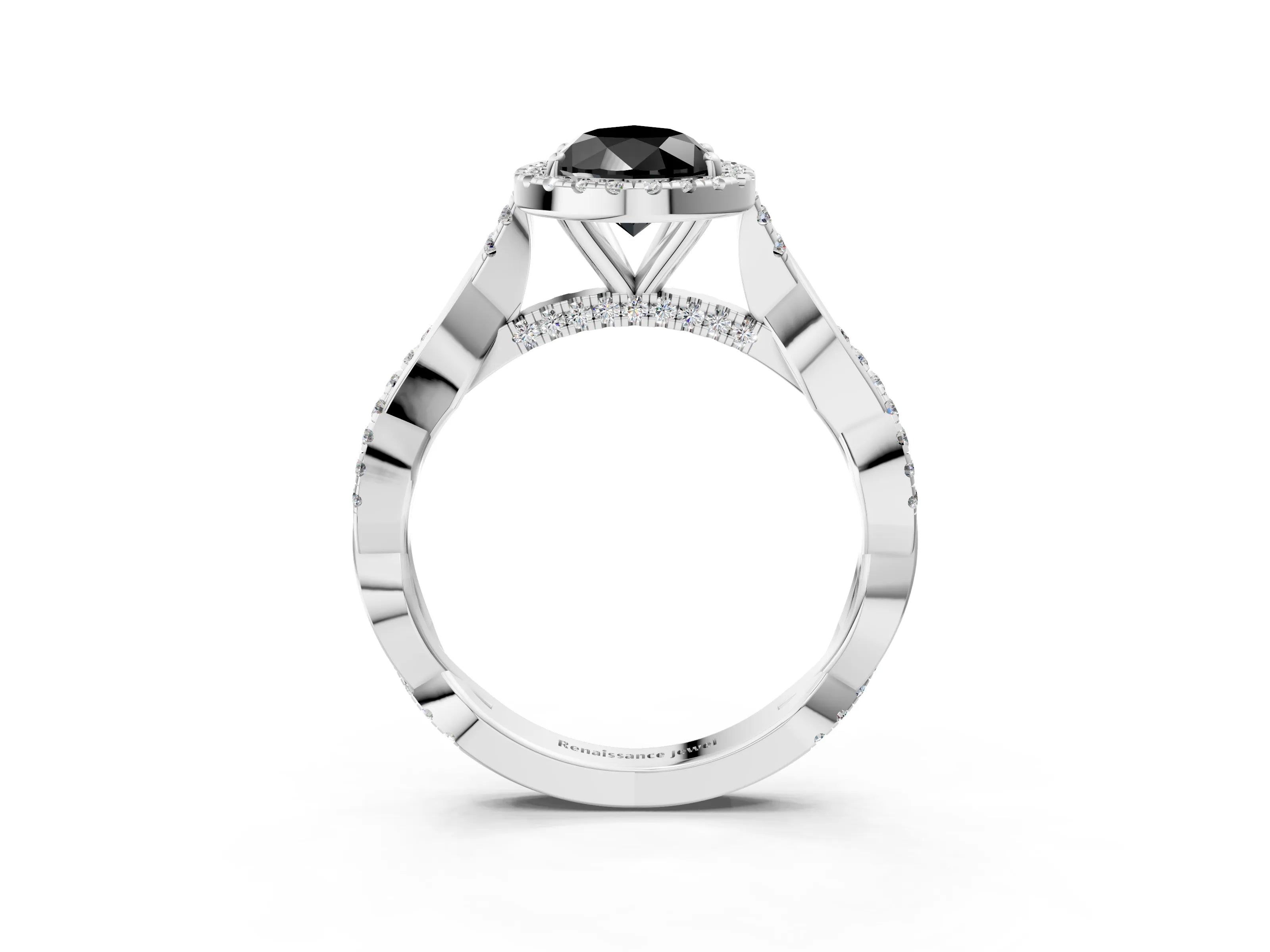White gold Fancy Black Pear Cut Halo Twist Band with Four-Prong Setting_3