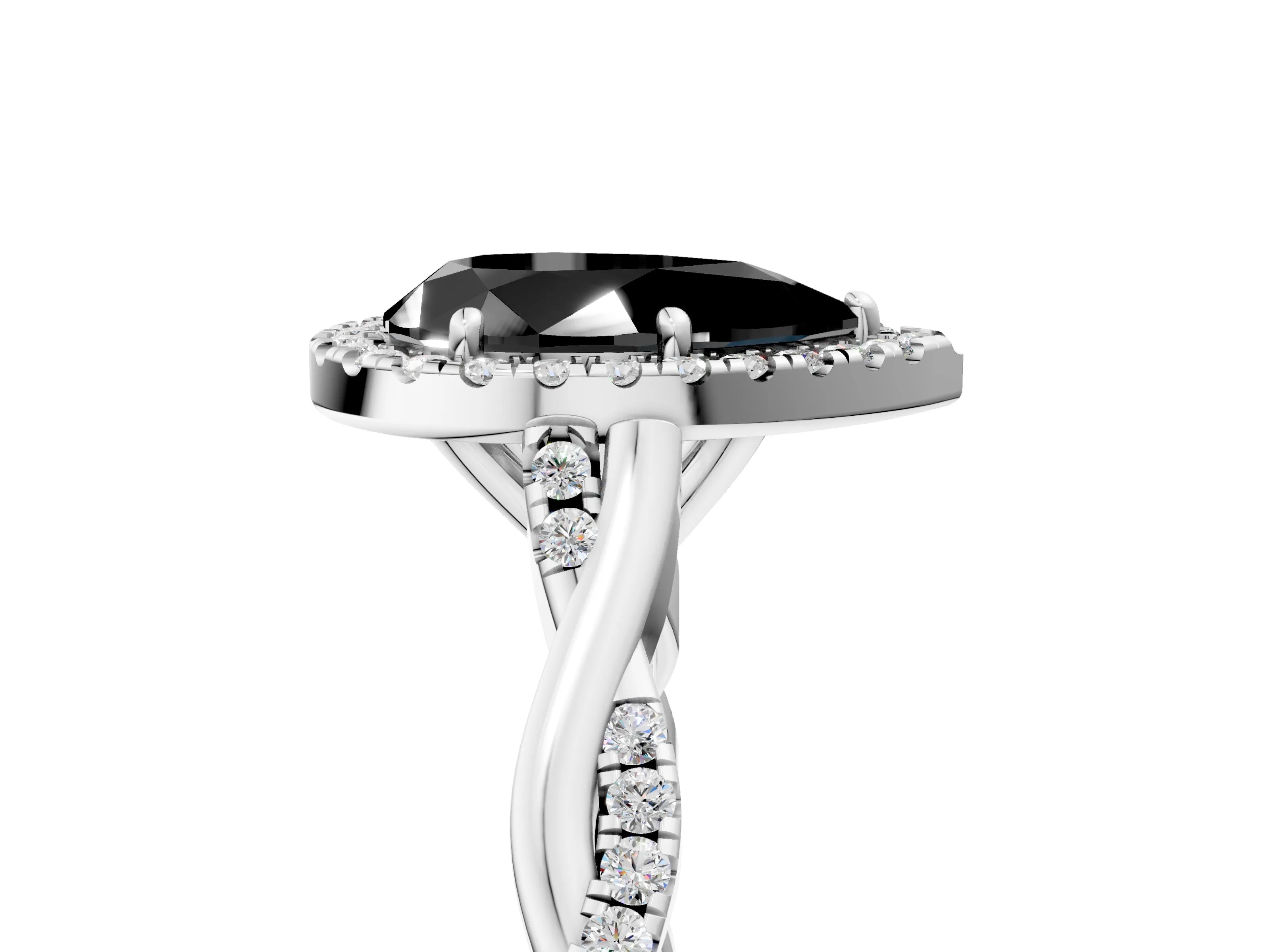 White gold Fancy Black Pear Cut Halo Twist Band with Four-Prong Setting_5