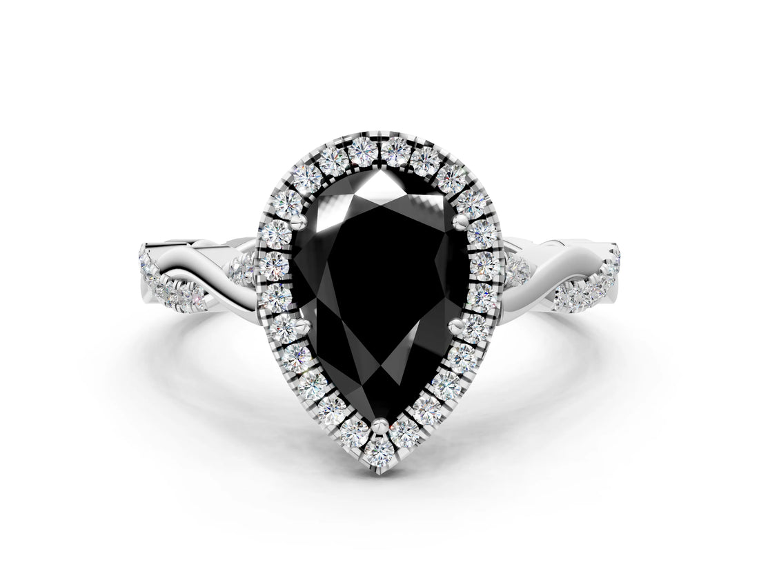 White gold Fancy Black Pear Cut Halo Twist Band with Four-Prong Setting_72