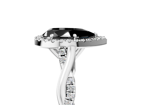 White gold Fancy Black Pear Cut Halo Twist Band with Four-Prong Setting_77