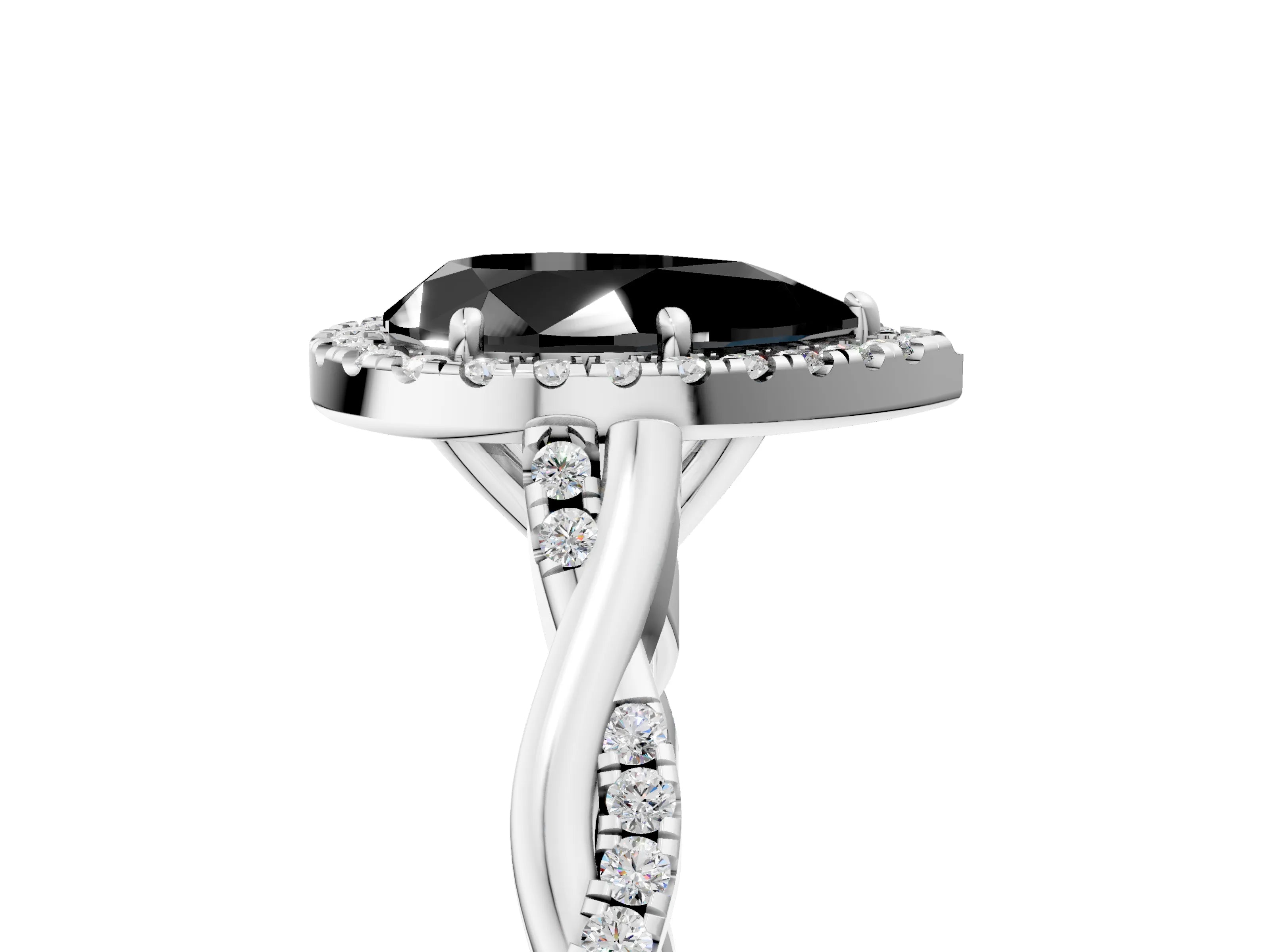 White gold Fancy Black Pear Cut Halo Twist Band with Four-Prong Setting_77