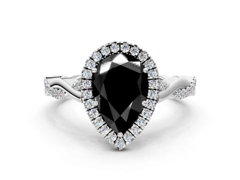 White gold Fancy Black Pear Cut Halo Twist Band with Four-Prong Setting