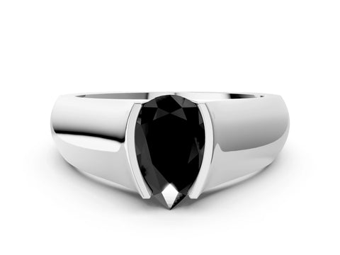 White gold Fancy Black Pear Cut Solitaire Bezel Set Diamond Ring with Wide Band_12