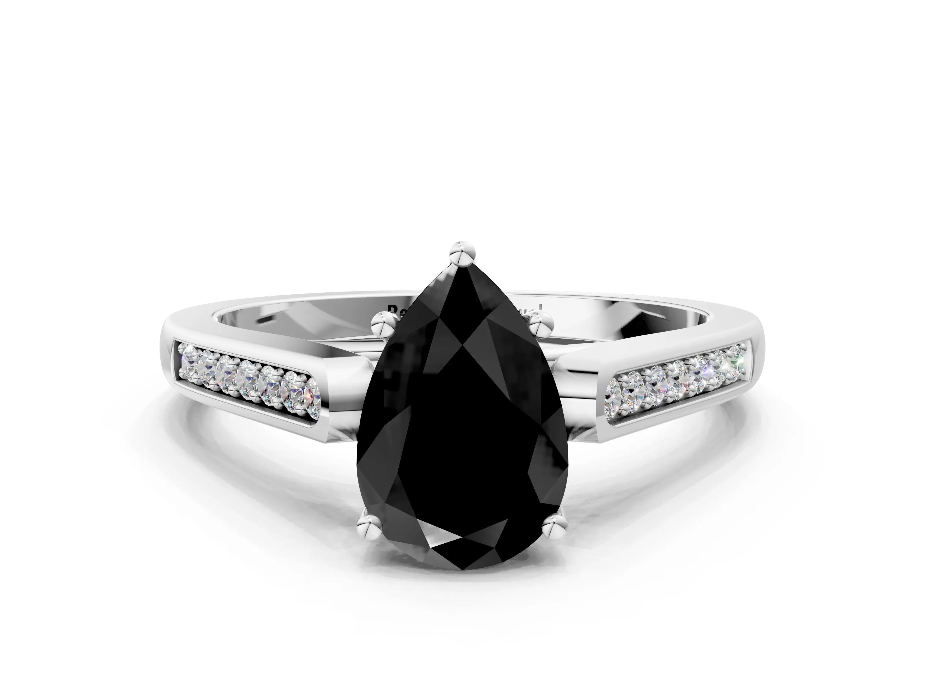 White gold Fancy Black Pear Cut Solitaire Cathedral Diamond Engagement Ring with Channel-Set Band and Four-Prong Setting_15