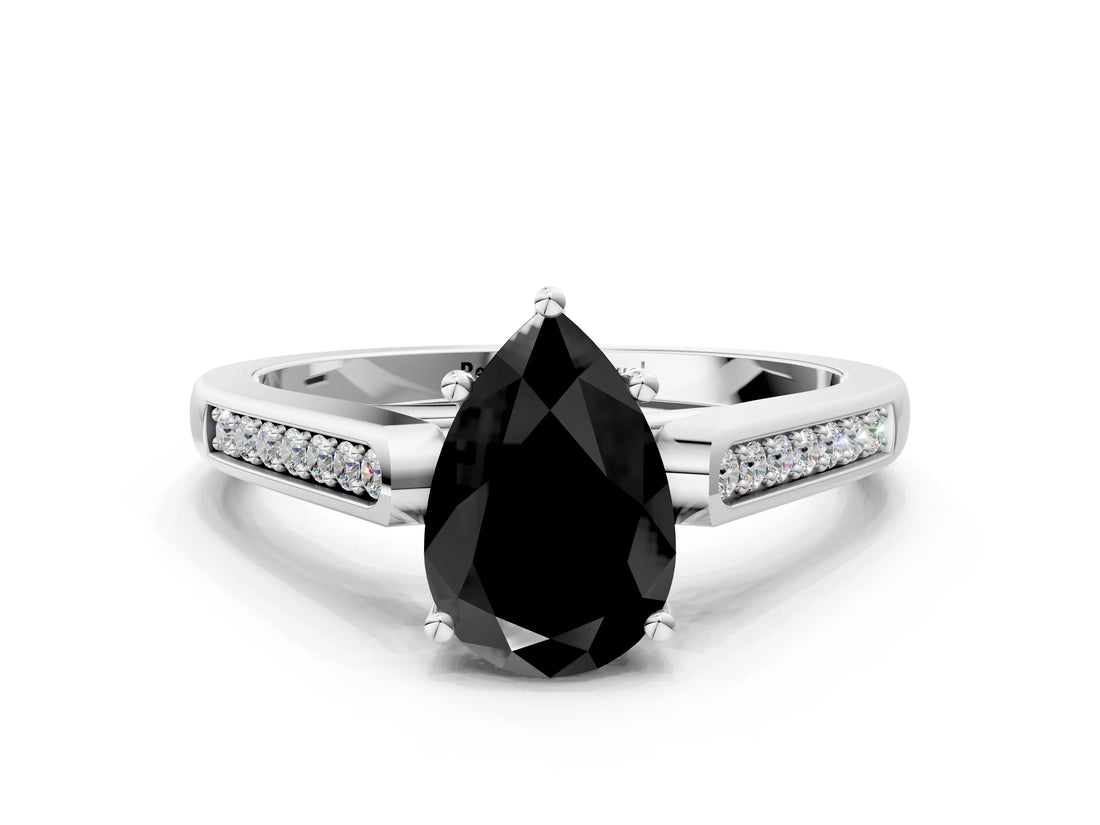 White gold Fancy Black Pear Cut Solitaire Cathedral Diamond Engagement Ring with Channel-Set Band and Four-Prong Setting_15