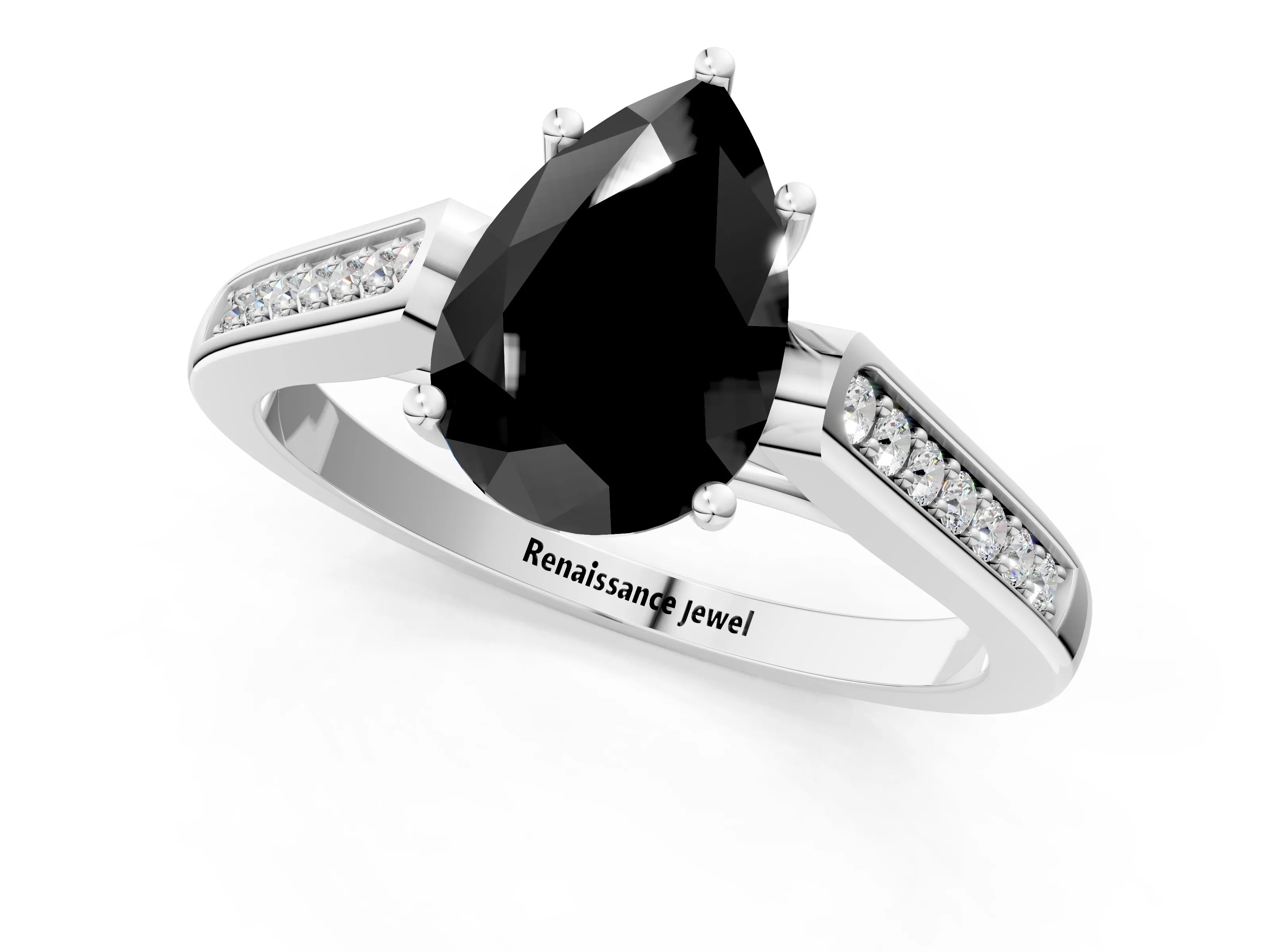 White gold Fancy Black Pear Cut Solitaire Cathedral Diamond Engagement Ring with Channel-Set Band and Four-Prong Setting_16
