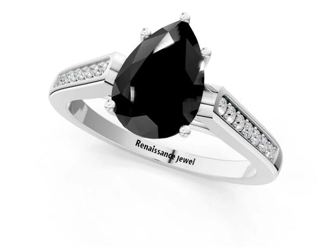 White gold Fancy Black Pear Cut Solitaire Cathedral Diamond Engagement Ring with Channel-Set Band and Four-Prong Setting_16