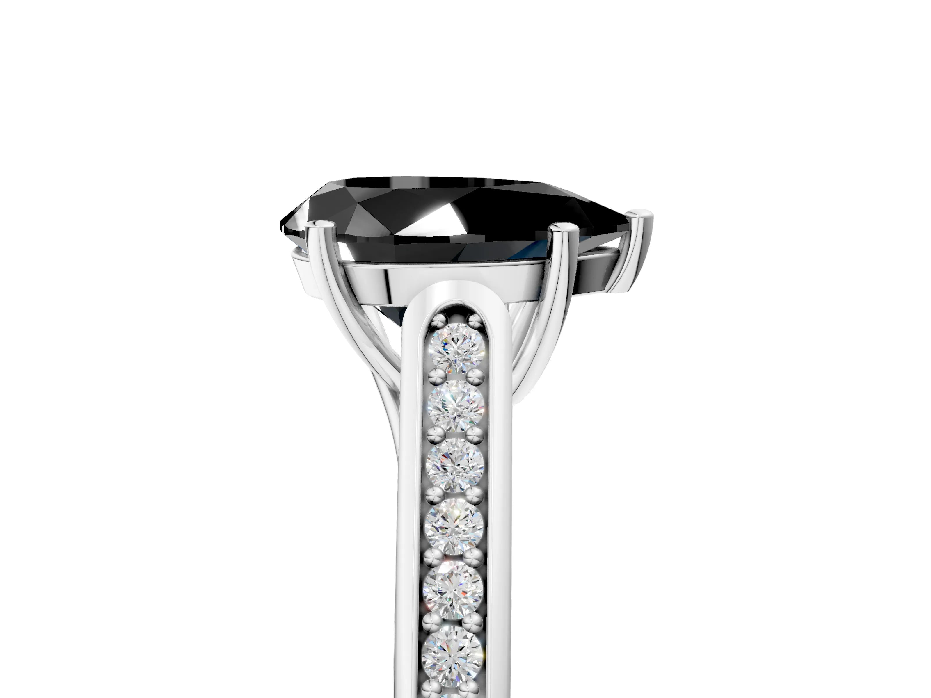 White gold Fancy Black Pear Cut Solitaire Cathedral Diamond Engagement Ring with Channel-Set Band and Four-Prong Setting_20