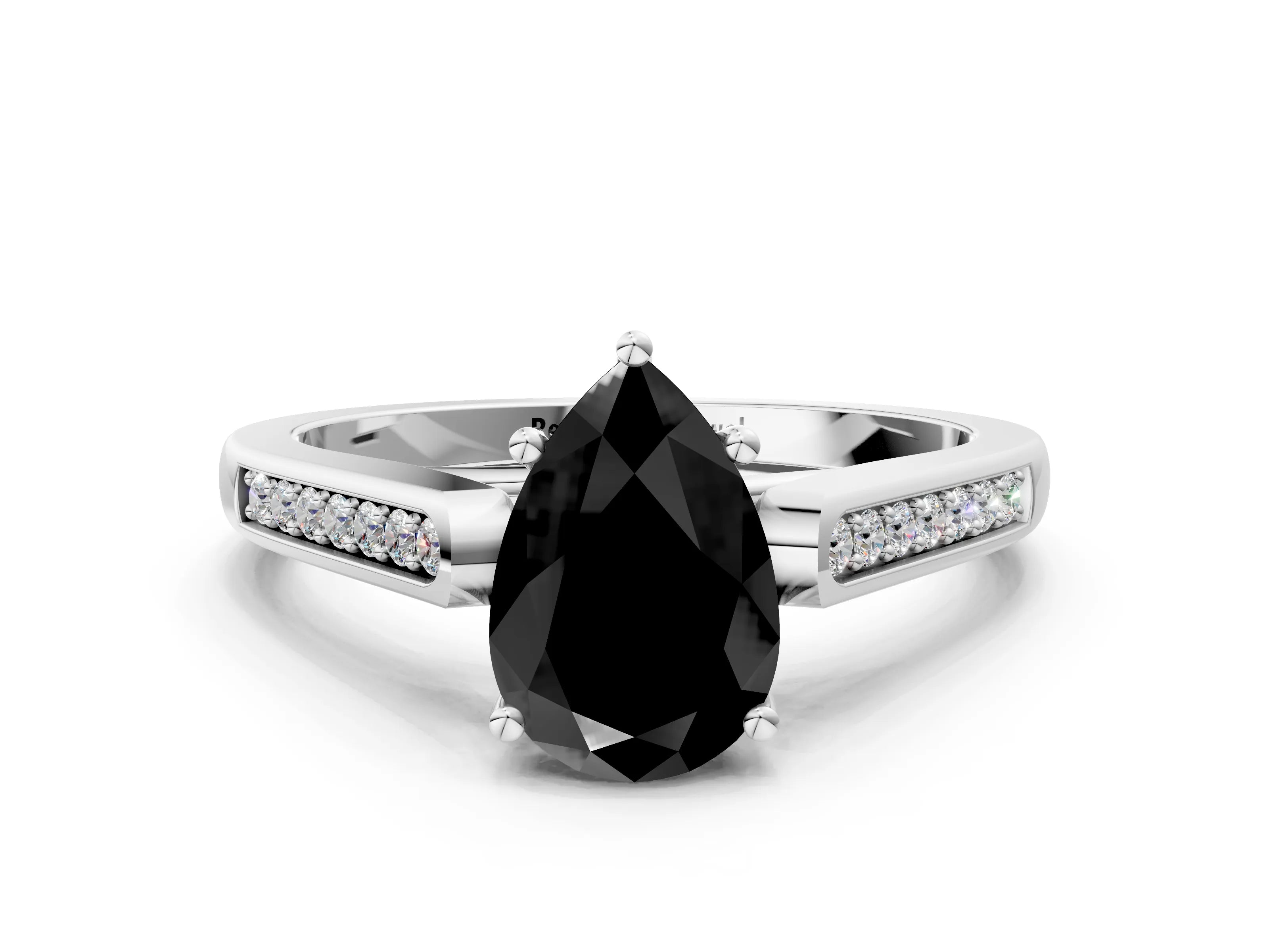 White gold Fancy Black Pear Cut Solitaire Cathedral Diamond Engagement Ring with Channel-Set Band and Four-Prong Setting_3