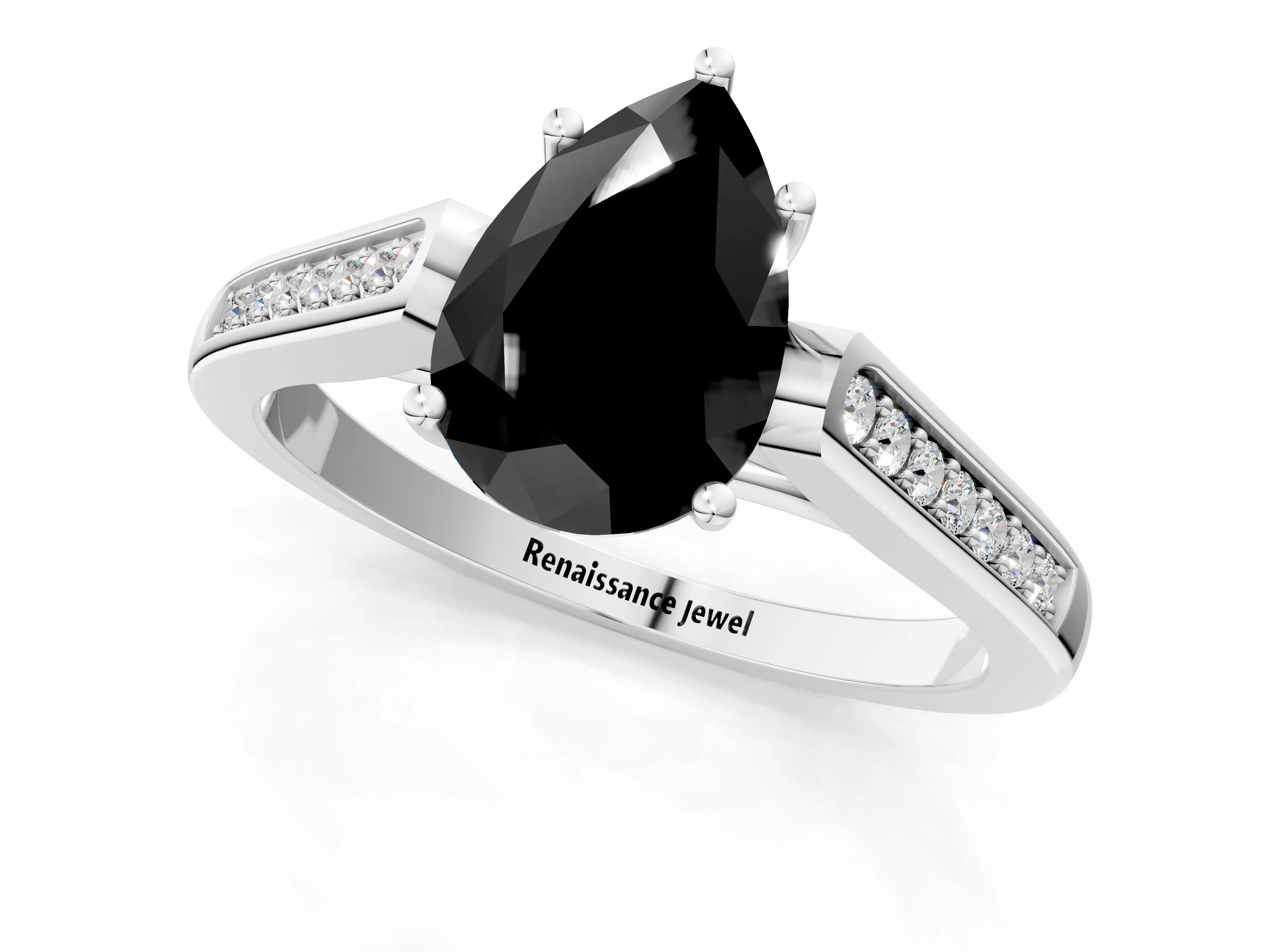 White gold Fancy Black Pear Cut Solitaire Cathedral Diamond Engagement Ring with Channel-Set Band and Four-Prong Setting_4