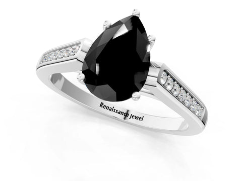White gold Fancy Black Pear Cut Solitaire Cathedral Diamond Engagement Ring with Channel-Set Band and Four-Prong Setting_4