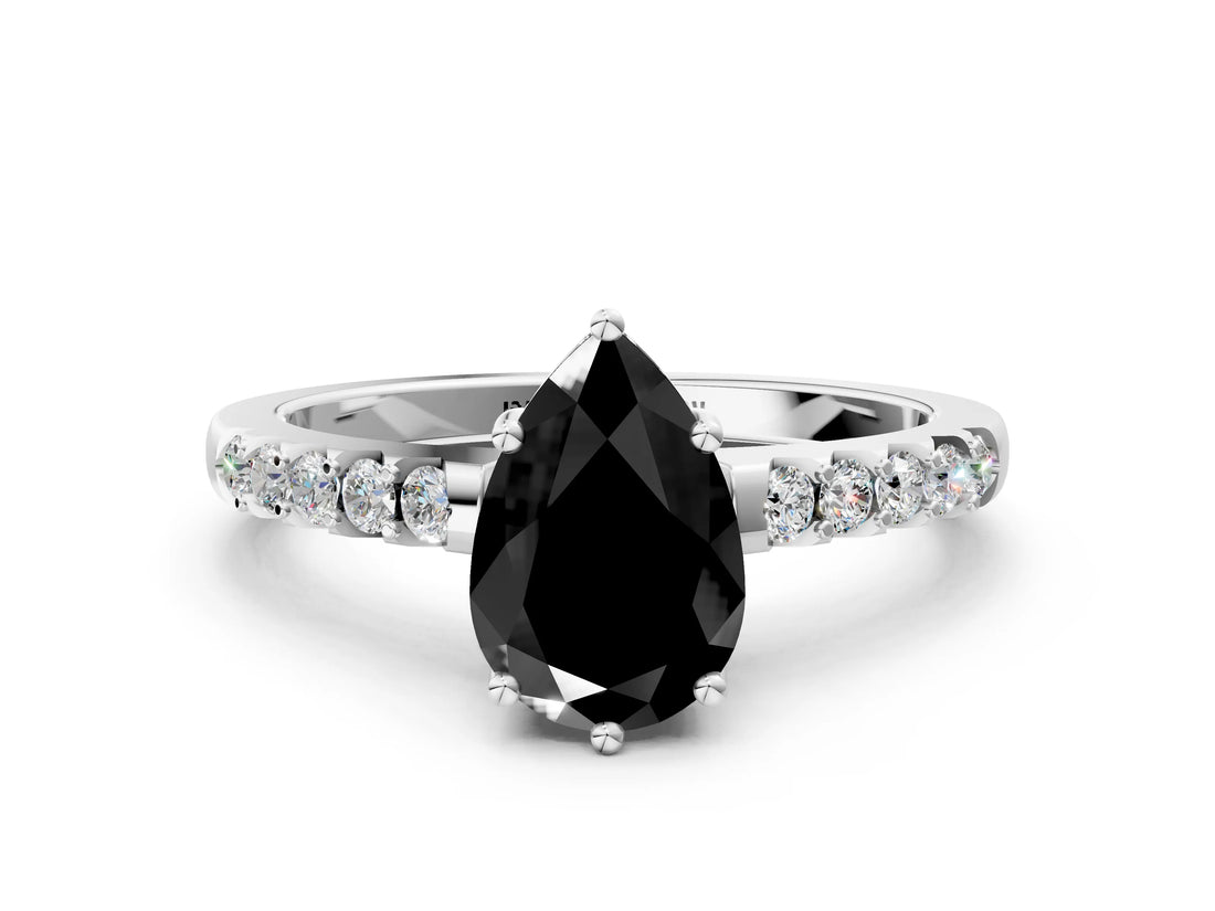 White gold Fancy Black Pear Cut Solitaire Diamond Engagement Ring with Pavé Band and Six-Prong Setting_12