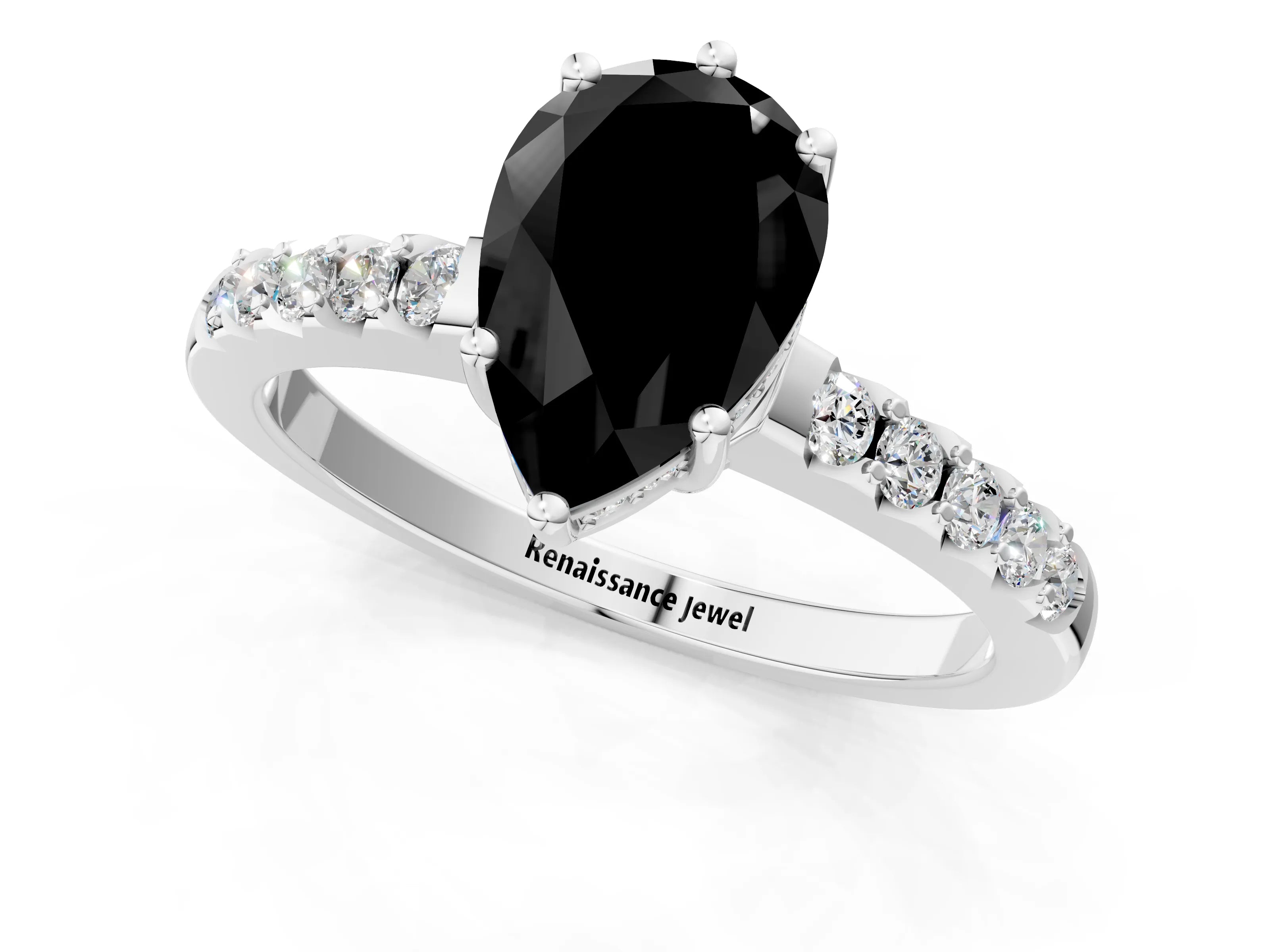 White gold Fancy Black Pear Cut Solitaire Diamond Engagement Ring with Pavé Band and Six-Prong Setting_13