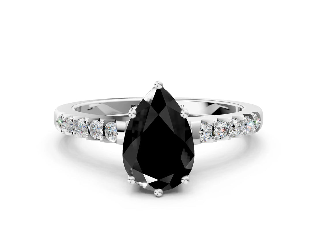 White gold Fancy Black Pear Cut Solitaire Diamond Engagement Ring with Pavé Band and Six-Prong Setting_24