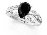 White gold Fancy Black Pear Cut Solitaire Diamond Leaf-Inspired Vine Band Ring with Prong Setting_1