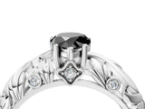 White gold Fancy Black Pear Cut Solitaire Diamond Leaf-Inspired Vine Band Ring with Prong Setting_4