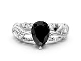 White gold Fancy Black Pear Cut Solitaire Diamond Leaf-Inspired Vine Band Ring with Prong Setting