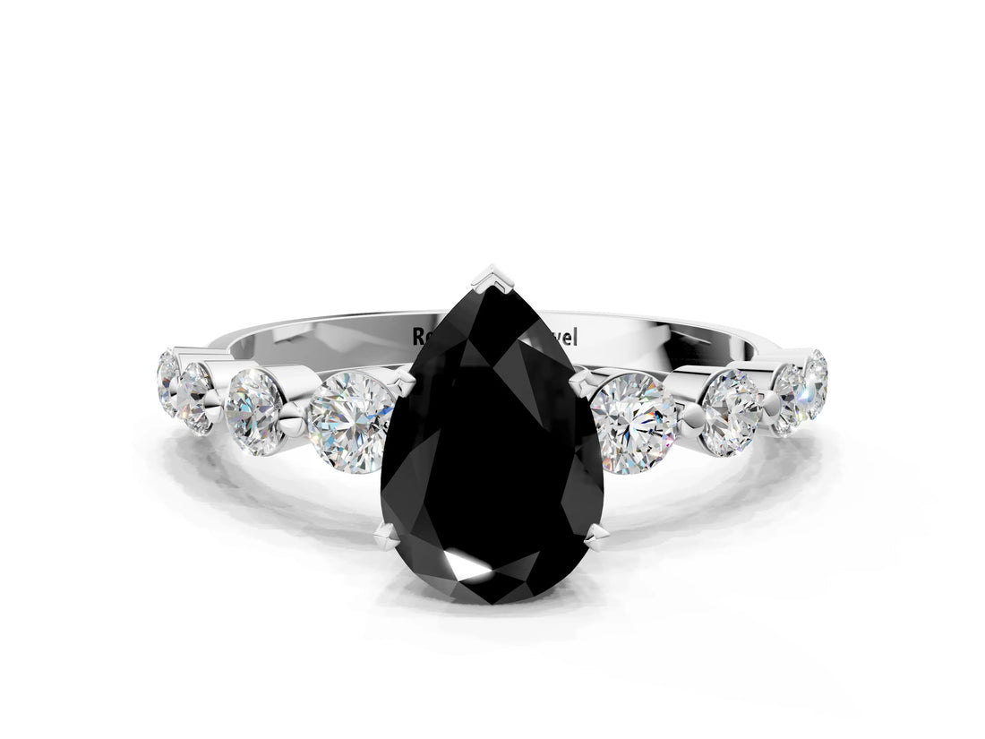White gold Fancy Black Pear Cut Solitaire Diamond Ring with Pave Band and Four-Prong Setting