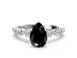 White gold Fancy Black Pear Cut Solitaire Diamond Ring with Pave Band and Four-Prong Setting