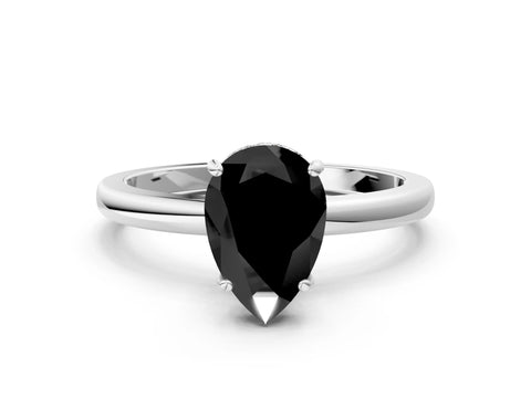 White gold Fancy Black Pear Cut Solitaire Diamond Ring with Prong Setting and Plain Band_12
