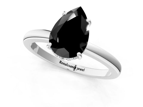White gold Fancy Black Pear Cut Solitaire Diamond Ring with Prong Setting and Plain Band_13