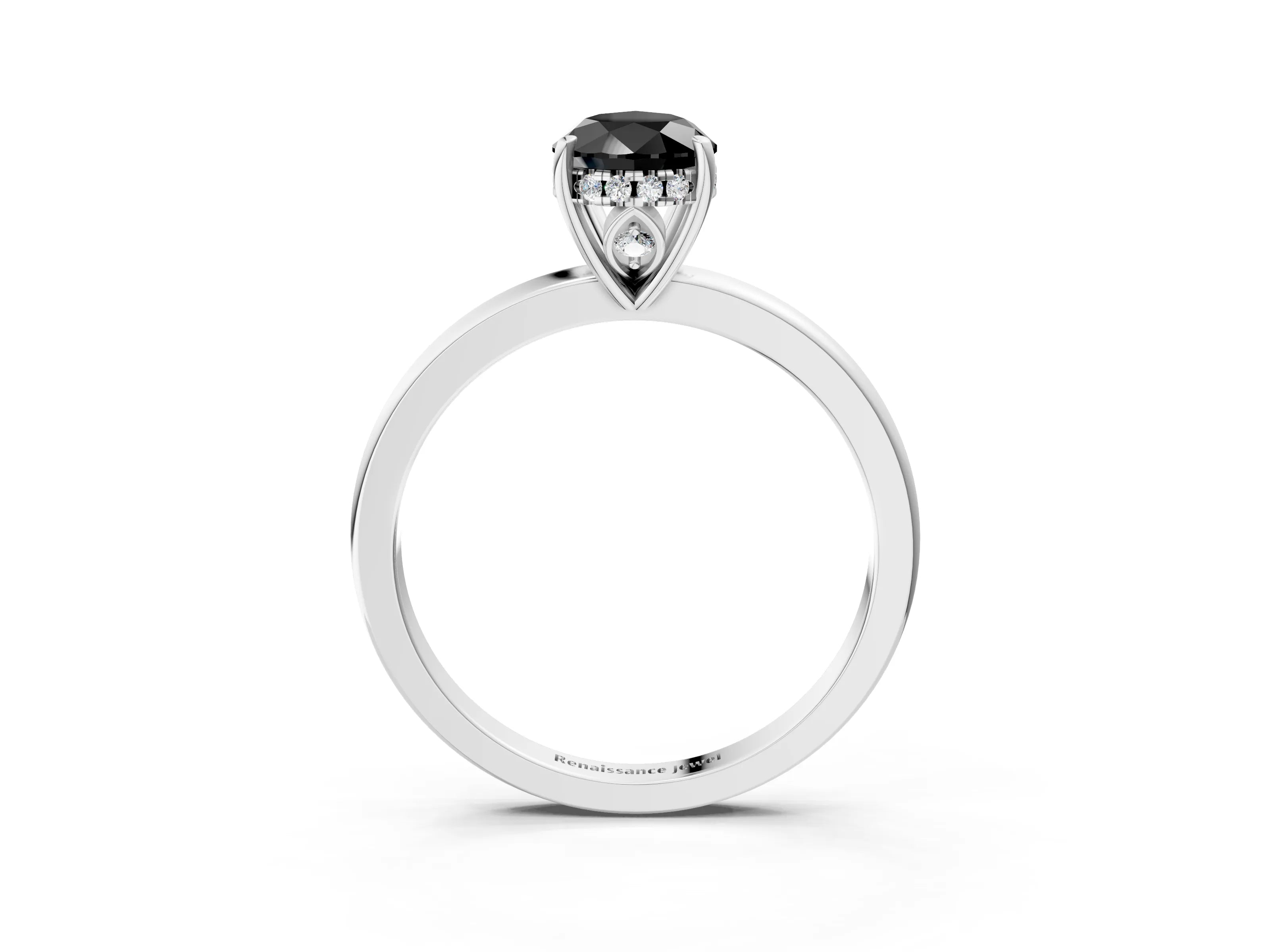 White gold Fancy Black Pear Cut Solitaire Diamond Ring with Prong Setting and Plain Band_3