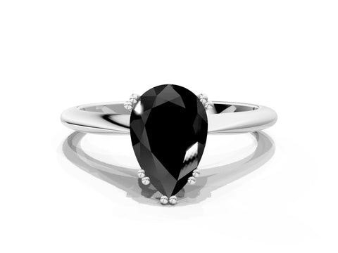 White gold Fancy Black Pear Cut Solitaire Diamond Ring with Six-Prong Setting and Classic Band