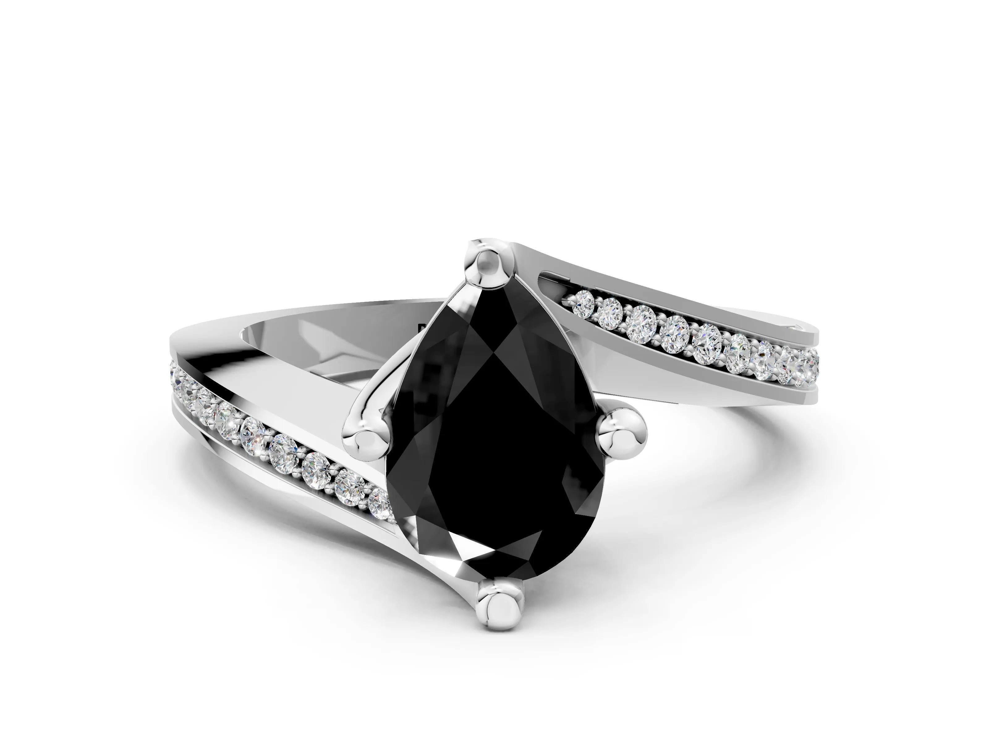 White gold Fancy Black Pear Cut Solitaire Diamond Twist Band with Pavé Setting and Four-Prong Setting_12