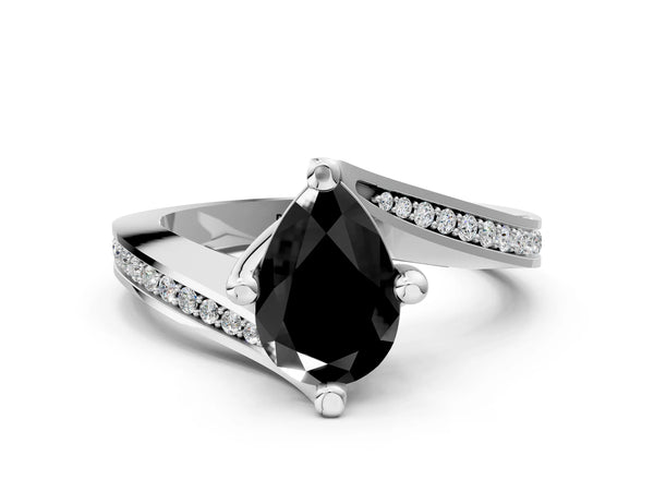 White gold Fancy Black Pear Cut Solitaire Diamond Twist Band with Pavé Setting and Four-Prong Setting