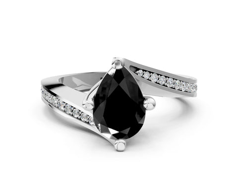 White gold Fancy Black Pear Cut Solitaire Diamond Twist Band with Pavé Setting and Four-Prong Setting_12