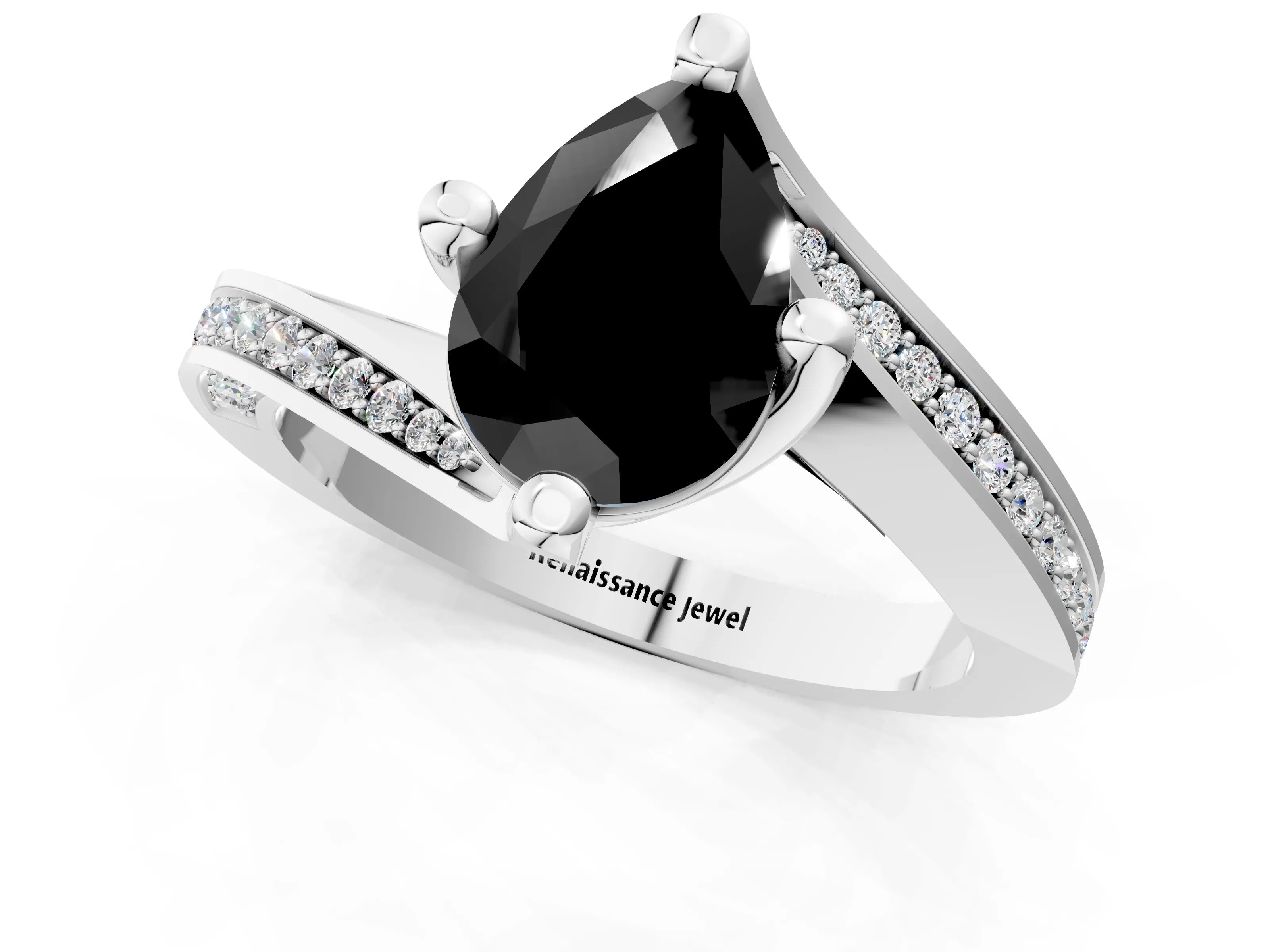 White gold Fancy Black Pear Cut Solitaire Diamond Twist Band with Pavé Setting and Four-Prong Setting_13
