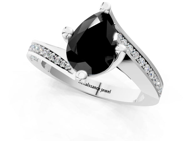 White gold Fancy Black Pear Cut Solitaire Diamond Twist Band with Pavé Setting and Four-Prong Setting